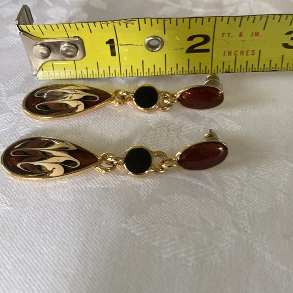 Bronze, Tan and Black Enameled Earrings with three sections for lots of movement - Picture 4 of 5